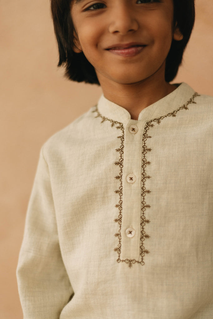 Prince Linen Blend Embroided Short Kurta Shirt - Beige Shirts The Tribe Kids   