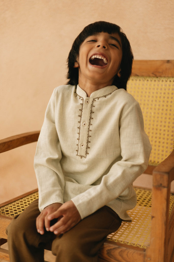 Prince Linen Blend Embroided Short Kurta Shirt - Beige Top The Tribe Kids   