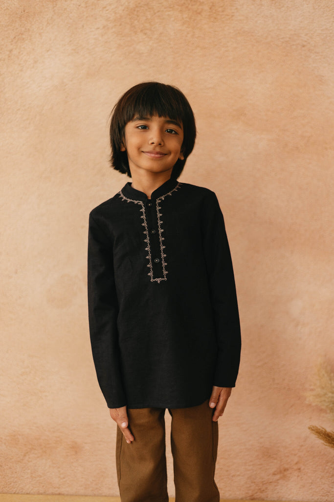 Prince Linen Blend Embroided Short Kurta Shirt - Black Shirts The Tribe Kids   