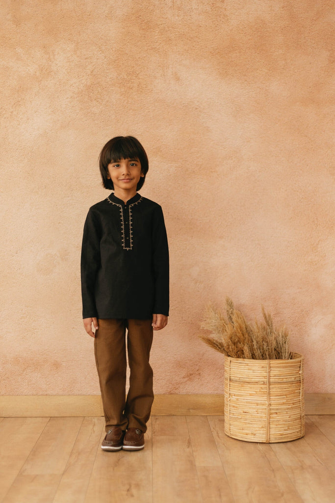 Prince Linen Blend Embroided Short Kurta Shirt - Black Shirts The Tribe Kids   