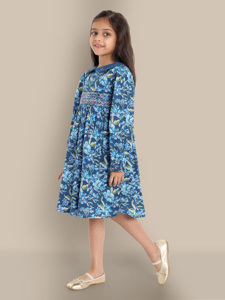 River Blue Floral Handmade Embroidery Cotton Girl Dress Dress The Tribe Kids   