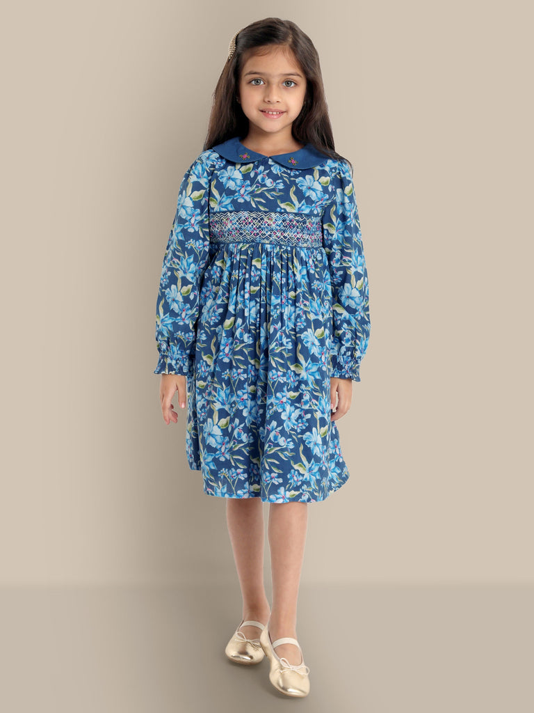 River Blue Floral Handmade Embroidery Cotton Girl Dress Dress The Tribe Kids   
