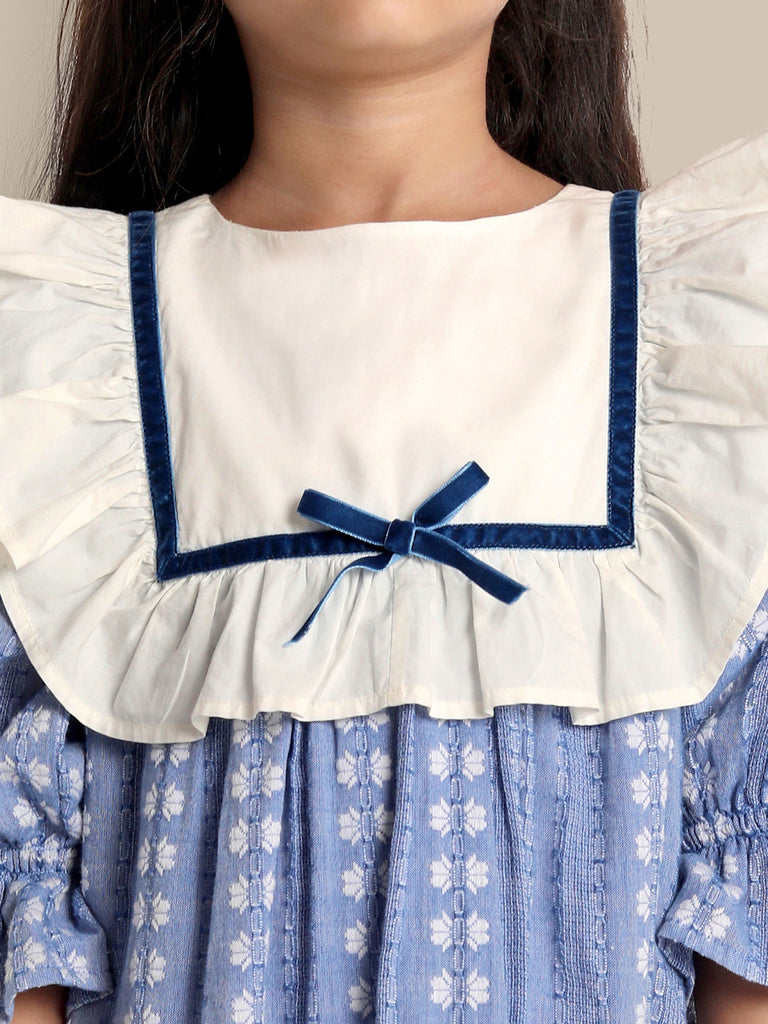 Rosalie Stylish Embroided Cotton Girl Dress - Blue Flower Dress The Tribe Kids   