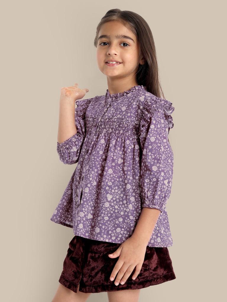 Ruth Purple Flower Smocking Embroidery Cotton Girls Top Top The Tribe Kids   