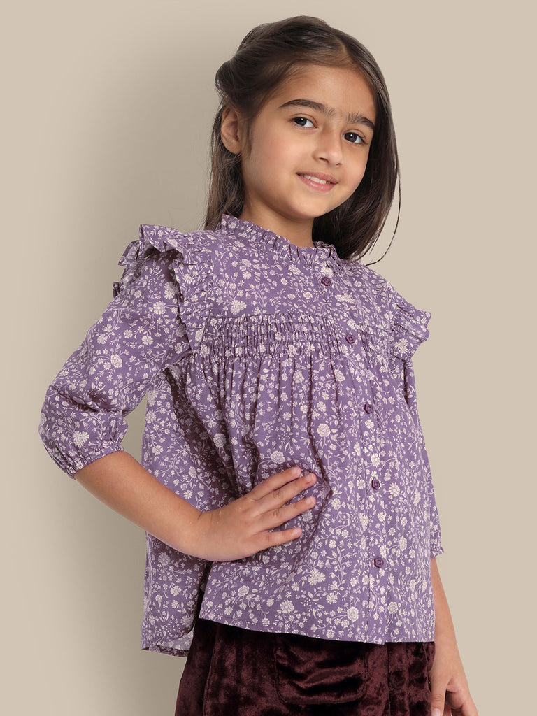 Ruth Purple Flower Smocking Embroidery Cotton Girls Top Top The Tribe Kids   
