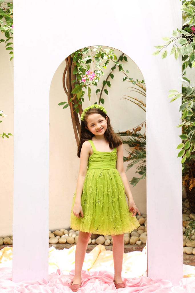 Sally Cotton Lining Sparkle Net Girls Dress - Lime Green Dress The Tribe Kids   