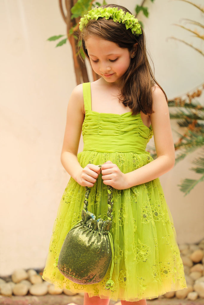 Sally Cotton Lining Sparkle Net Girls Dress - Lime Green Dress The Tribe Kids   