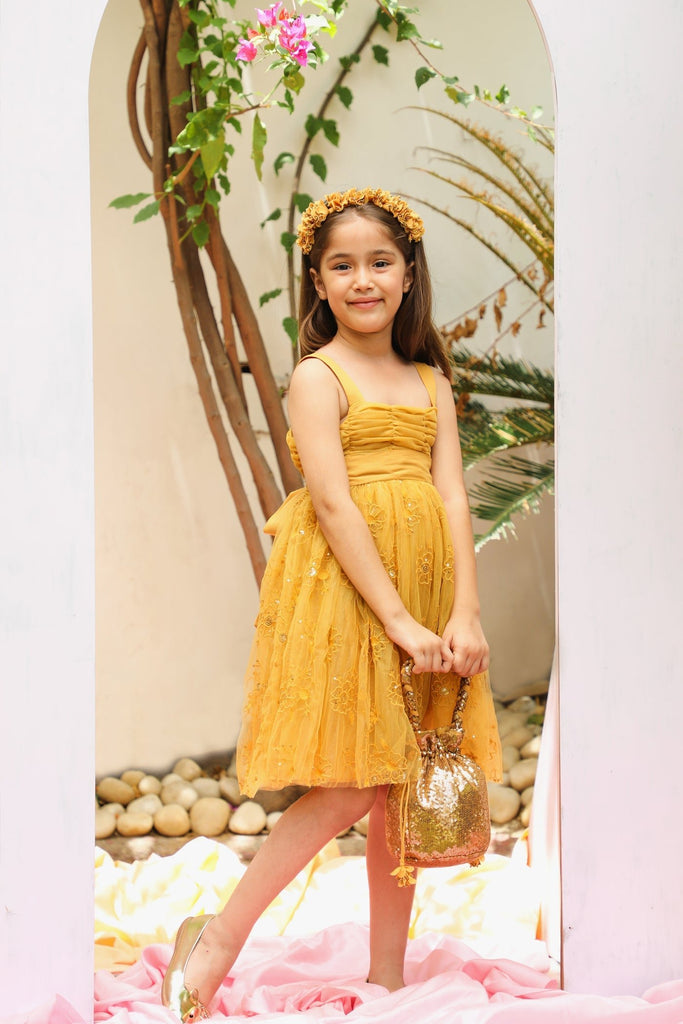 Sally Cotton Lining Sparkle Net Girls Dress - Mustard Yellow Dress The Tribe Kids   