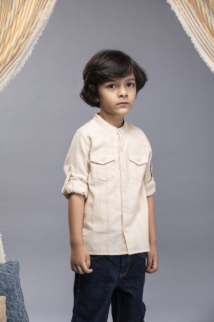 Sergio Mandarin Collar Cotton Chambray Boys Shirt - Ecru Top The Tribe Kids   