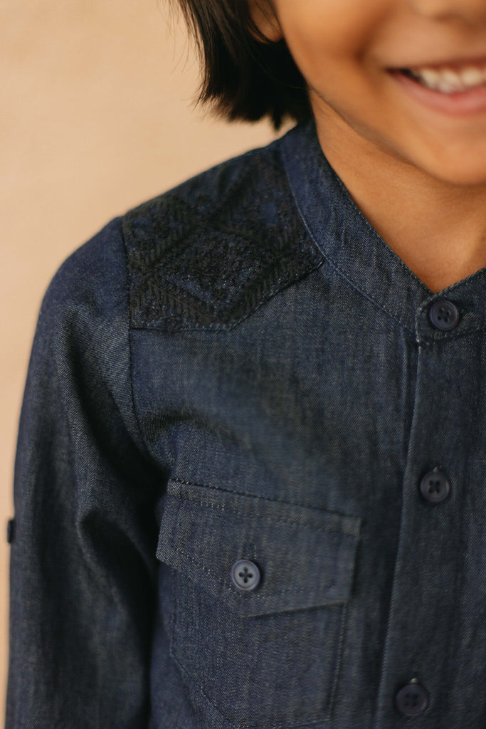 Sergio Light Denim Cotton Boys Shirt - Navy Embroidery Top The Tribe Kids   