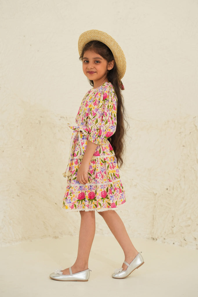 Stella Cotton Flower Print Girl Dress - Ecru Garden Dress The Tribe Kids   