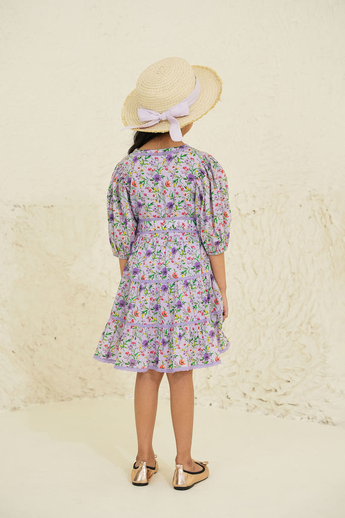 Stella Cotton Flower Print Girl Dress - Purple Garden Dress The Tribe Kids   
