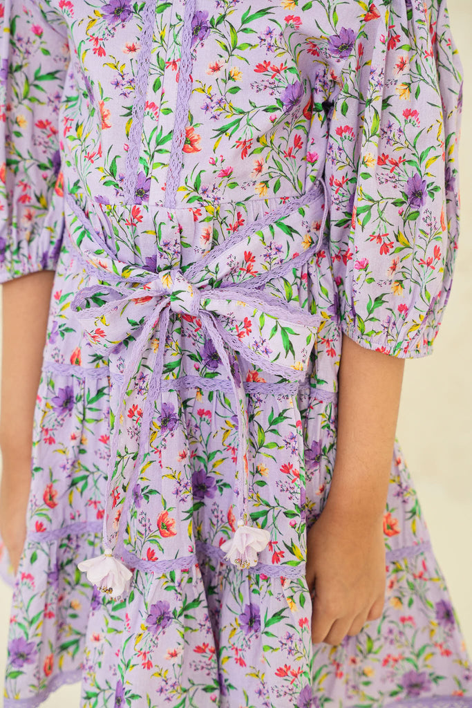Stella Cotton Flower Print Girl Dress - Purple Garden Dress The Tribe Kids   