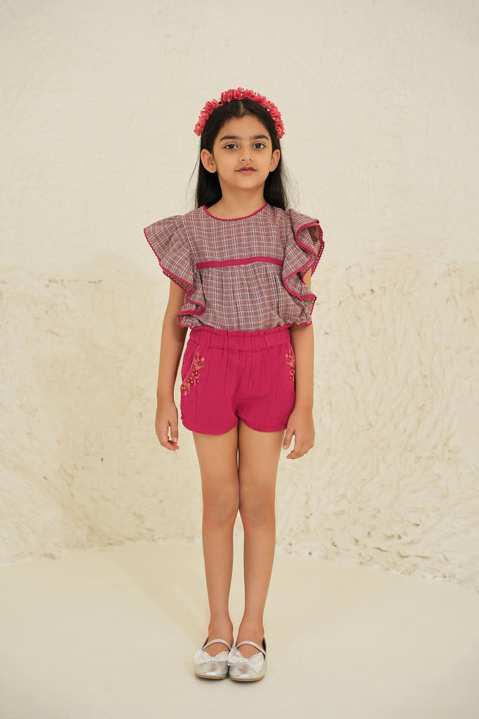 Suri Cotton Flower Embroidered Girls Shorts - Magenta Short The Tribe Kids   