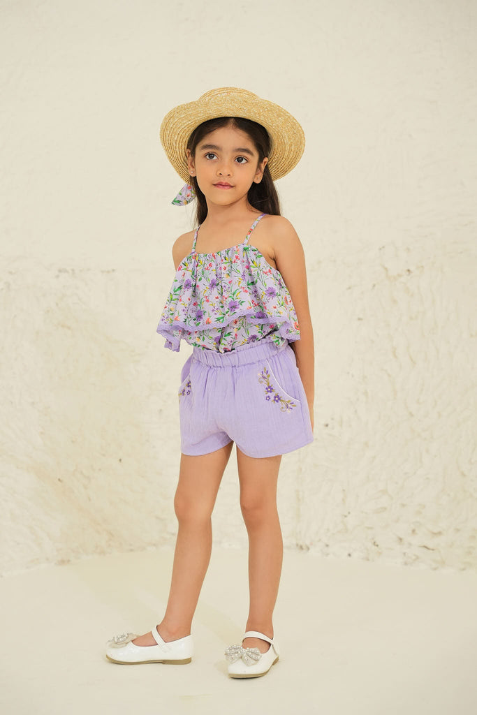 Suri Cotton Flower Embroidered Girls Shorts - Purple Short The Tribe Kids   