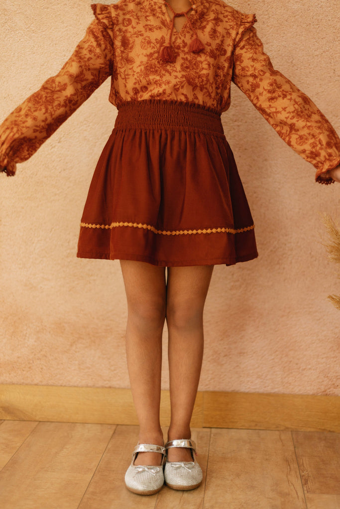 Tina Smocked Elasticated Velvet Girls Skirt - Orange Skirt The Tribe Kids   