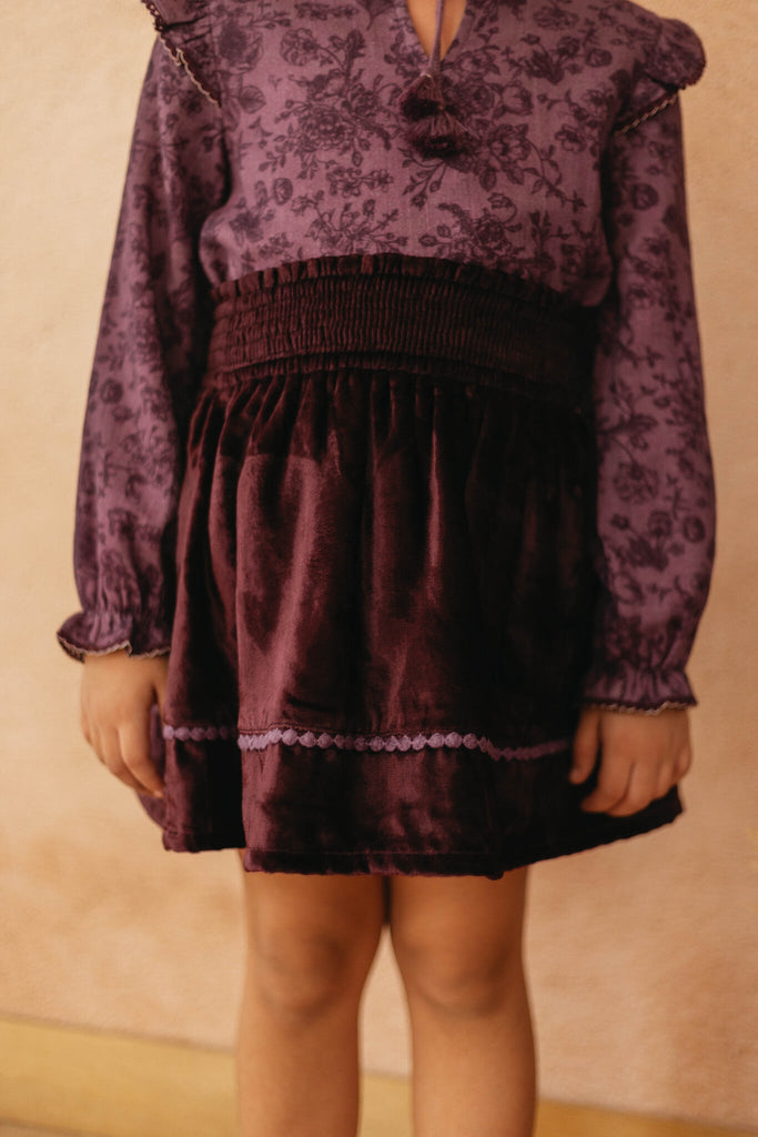 Tina Smocked Elasticated Velvet Girls Skirt - Purple Skirt The Tribe Kids   